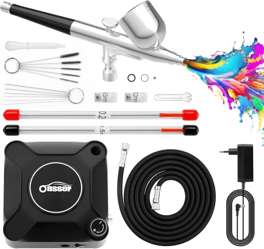 Oasser Kit Aerographe avec Compresseur Aerographe Double Action 36 PSI Buse 0,2 0,3 0,5 mm pour Nail, Peinture, Modelisme, Tatouage, Maquillage, Gâteaux