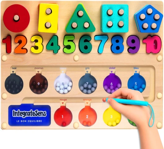 IntegrateSens Jouet Montessori en Bois – Planche d’activité éducative 3 Ans Apprentissage ludique : Chiffres, Formes, Couleurs et Labyrinthe magnétique Multifonction-Marque française