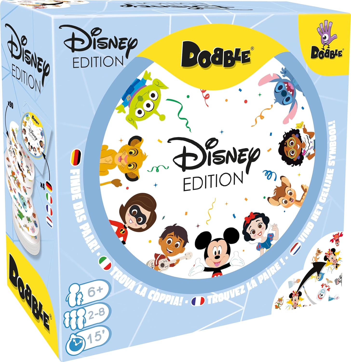 DOBBLE Disney - Jeu de Cartes Rapide et Amusant pour Enfants dès 6 Ans - Jeu d' Observation et Réflexes Famille - avec Héros Disney - 5 Mini Jeux - 2 à 8 Joueurs - Parties Courtes 15 Min Dobble Disney 100 Ans