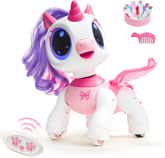 Licorne Jouet Fille Rc Robot Enfant 3 4 5 6 7 Ans, Intéractif, Détection des Gestes, Programmable, Musique Danse Marche avec LED Cadeau d'anniversaire, Rose