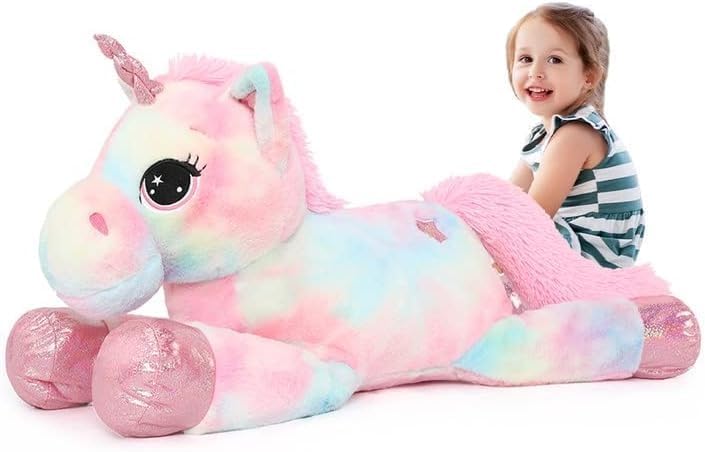 Peluche Licorne Geante 80cm, Gros Licorne Jouet en Peluche Rose Arc-en-Ciel Grande Douce Câlin, Mignonne Cadeau Anniversaire pour Fille Enfant Décoration Rose-rainbow 80cm