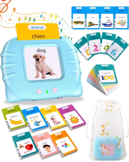 510 Mots Carte Parlante Montessori, Mot ami français, Cartes éducatives pour Enfants de 3 à 6 Ans Cadeaux d'anniversaire Bleu (French/English/Bilingual)
