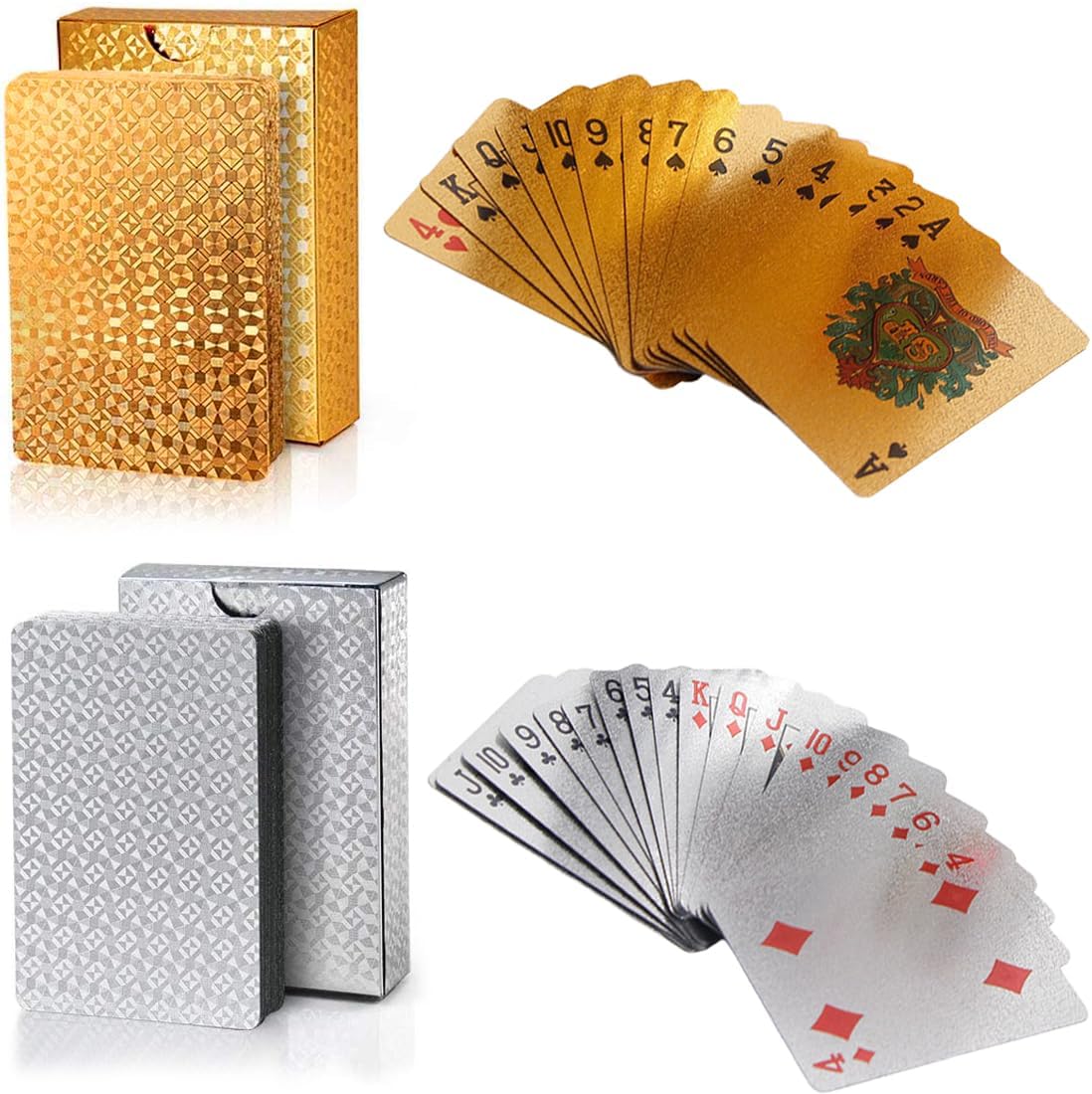 2 Pièces Jeux de Cartes à Jouer Professionnelles, Poker Texas Hold'em, 100% Plastique, 54 Cartes par Jeu (1 x Or / 1 x Argent), y Compris 2 Jokers