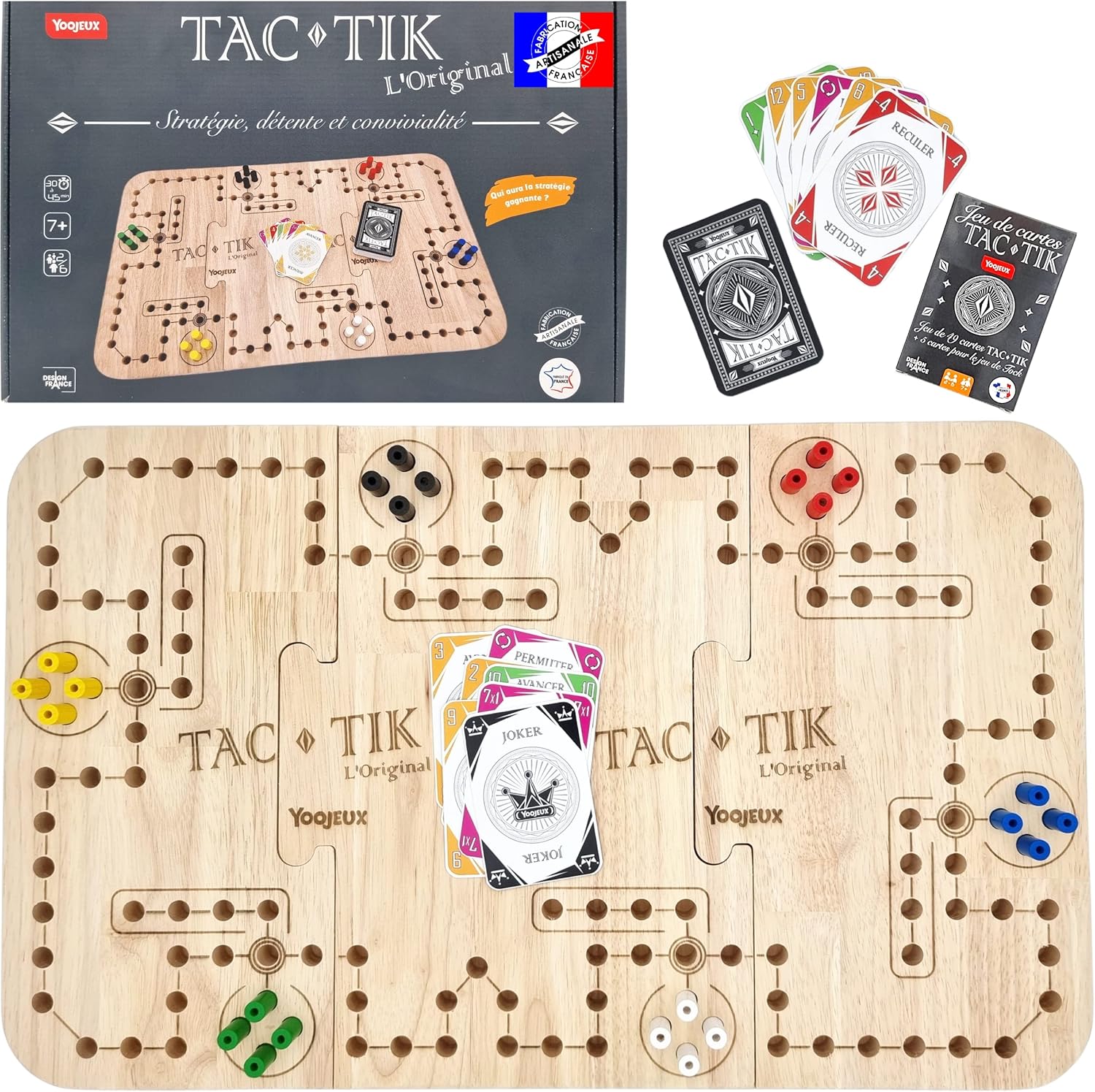 YOOJEUX® TAC-TIK L’Original – 2 à 6 Joueurs – Inclus Cartes pour Jouer au Tock – Jeu de Société Plateau Bois Massif – Fabriqué en France – À Partir de 7 Ans – pour Toute la Famille
