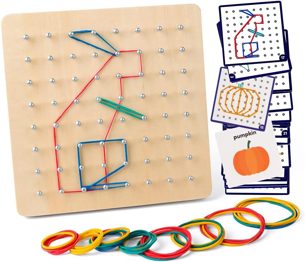 Bois geoboard Math opération Graphique Jouet éducatif avec 30 Cartes Graphiques et Stem Puzzle Matrice 8x8 Puzzle pour Enfants