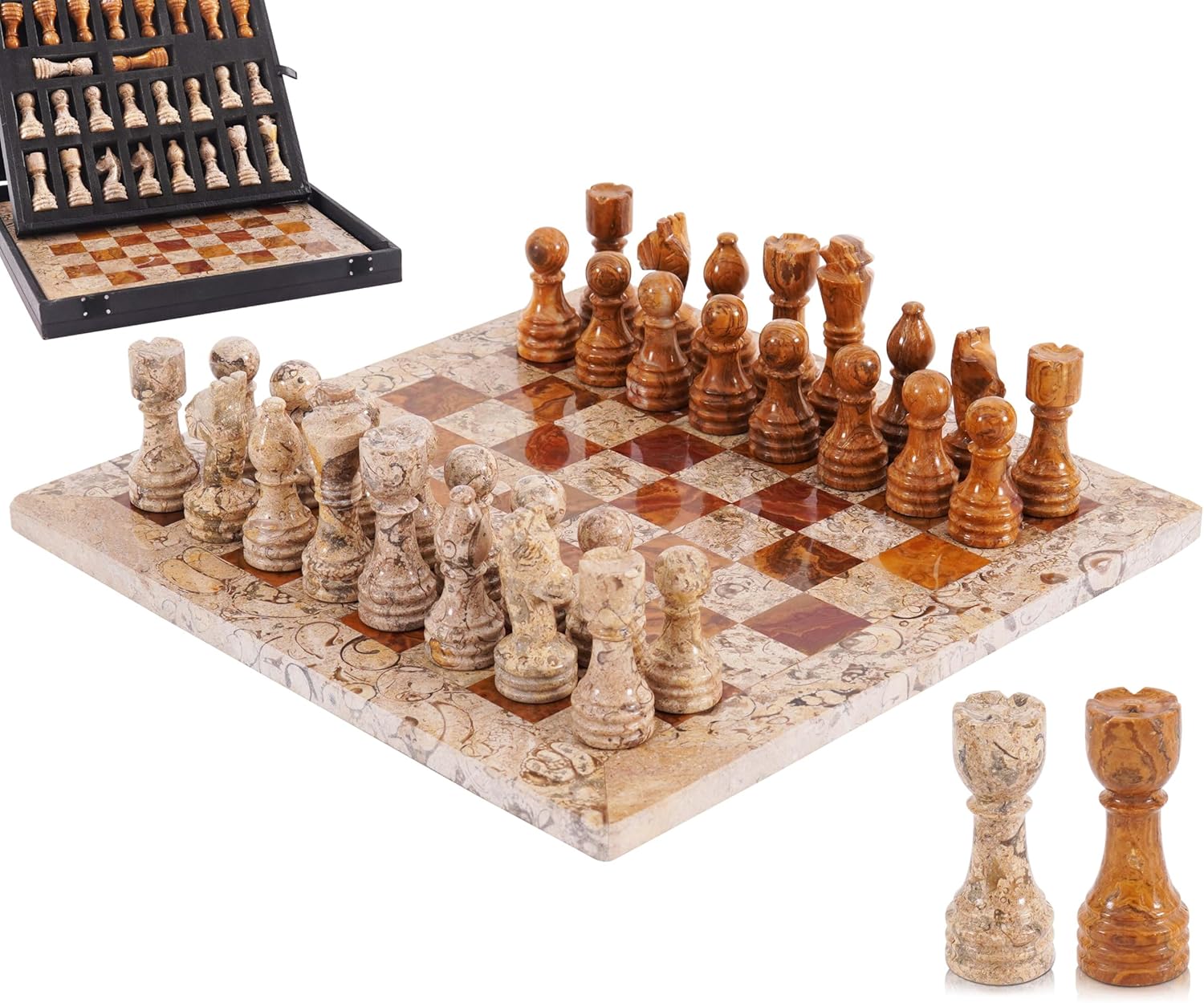 Jeu d'échecs en marbre de 30,5 cm Fait à la Main pour Adultes, Jeu d'échecs de Voyage Corail et Rouge – 32 pièces d'échecs et 1 Jeu de société