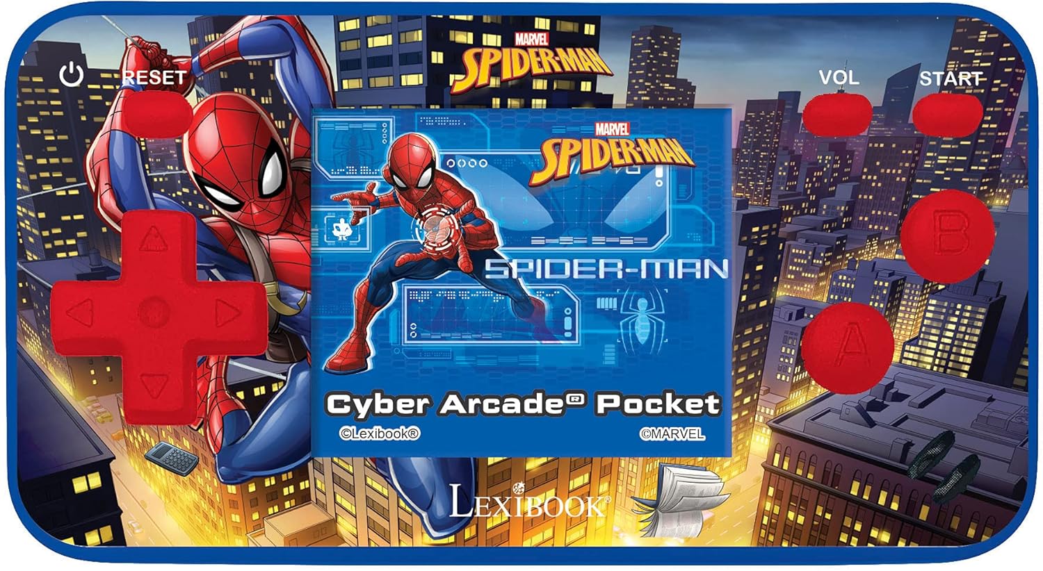 , Spider-Man, Cyber Arcade Pocket, Consola de Juegos portátil, 150 Juegos, Pantalla LCD de 1,8", Funciona con Pilas, Azul/Rojo, JL1895SP
