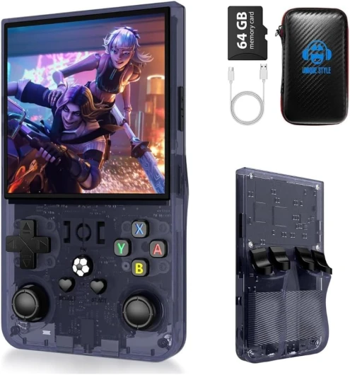 R36 Max - Console de Jeu Portable Améliorée, Système Linux Open Source, 15 000 Jeux Rétro, Écran IPS 3,5, Carte TF 64 Go (Gris)