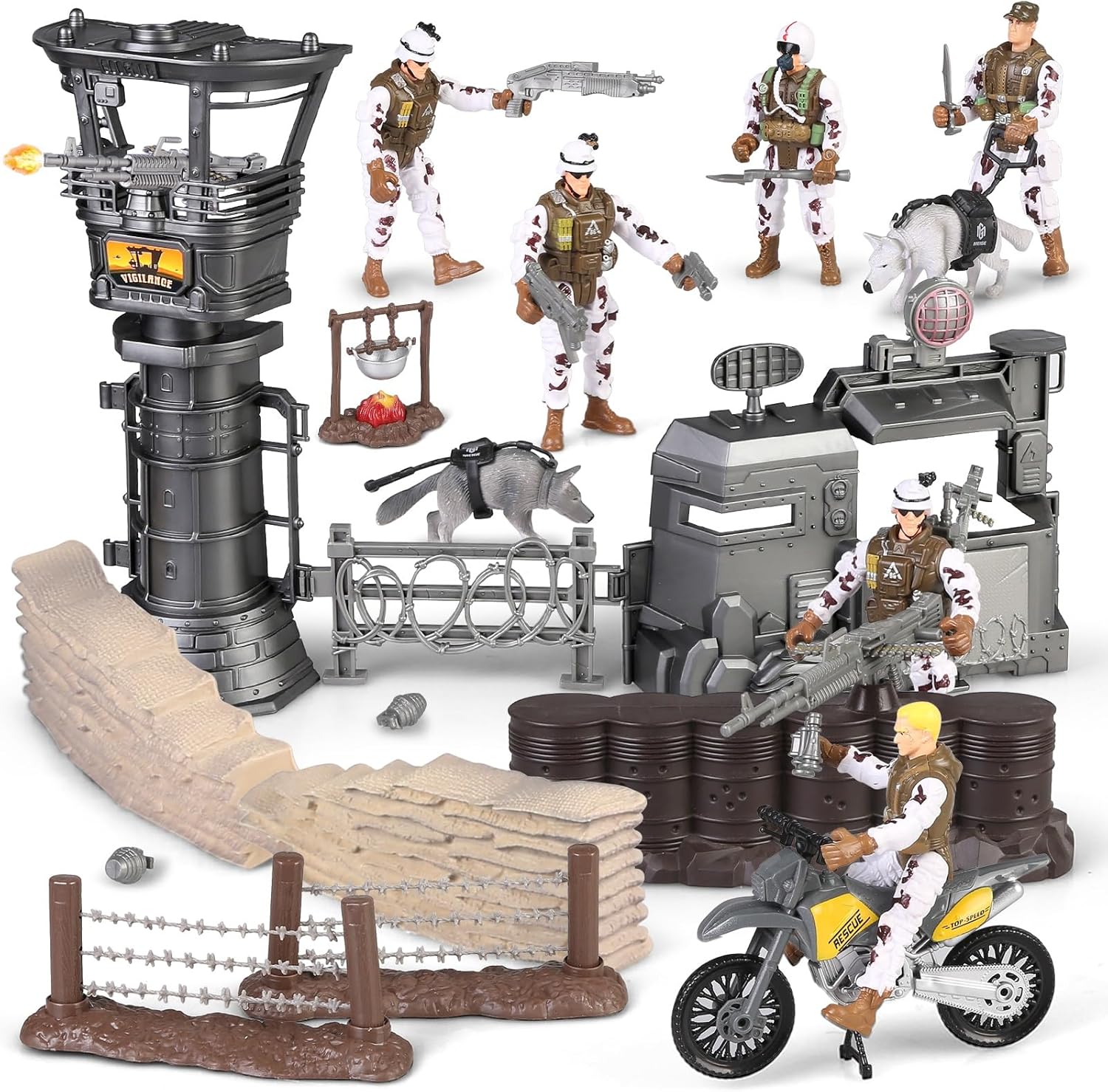 Ensemble de jouets de base militaire, figurines d'action de soldat et accessoires d'armes militaires, jouets de moto de combat militaires, jouet d'anniversaire pour enfants de 3, 4, 5, 6, 7, 8 ans