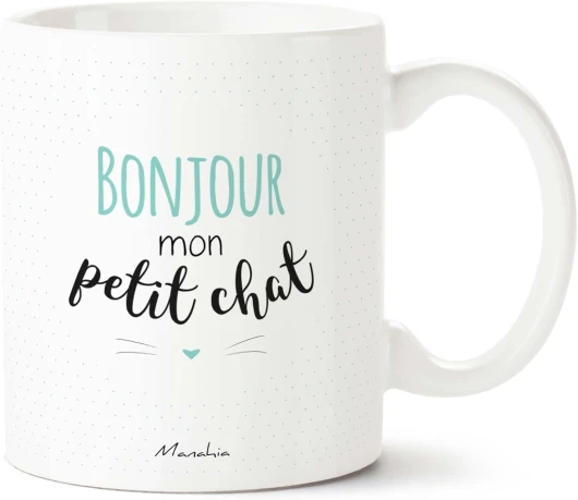 Mug Chat - Bonjour mon petit chat - Bleu - Imprimé en France - Avec boite Kraft - 330 mL Céramique - Cadeau Saint Valentin - Cadeau Homme - Tasse Chat - Amour
