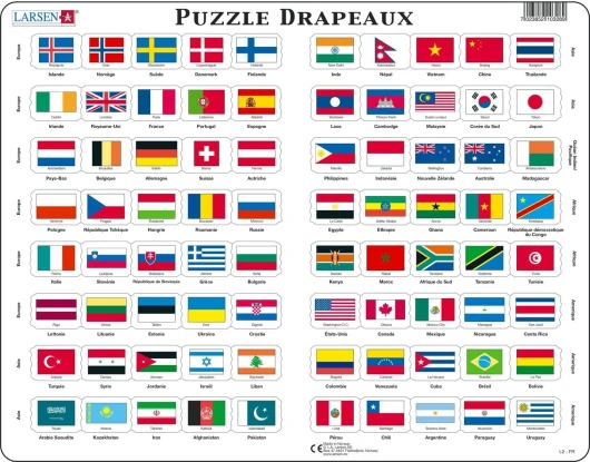 Larsen L2 Puzzle des Drapeaux, édition Français, Puzzle Cadre avec de 80 pièces French