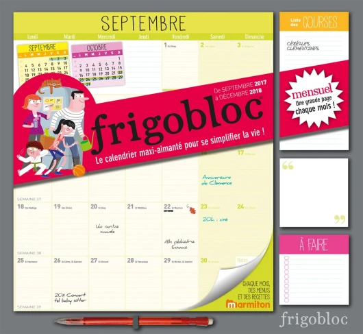 Frigobloc (édition Septembre 2017- Décembre 2018)- Calendrier d'organisation familiale par mois