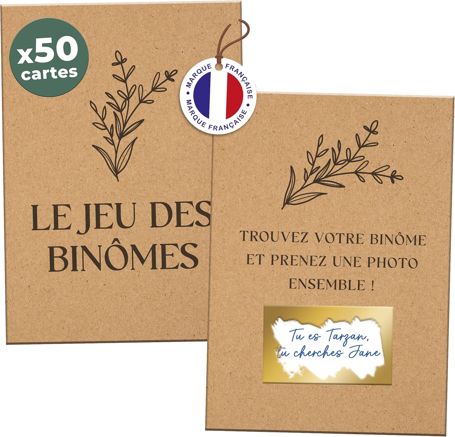 Jeu Binômes Mariage Kraft - 50 Cartes à Gratter Personnalisables - Animation Photobooth Invités - Design Rustique Champêtre Bohème - Pastilles Incluses