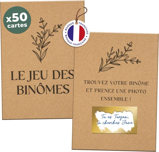 Jeu Binômes Mariage Kraft - 50 Cartes à Gratter Personnalisables - Animation Photobooth Invités - Design Rustique Champêtre Bohème - Pastilles Incluses