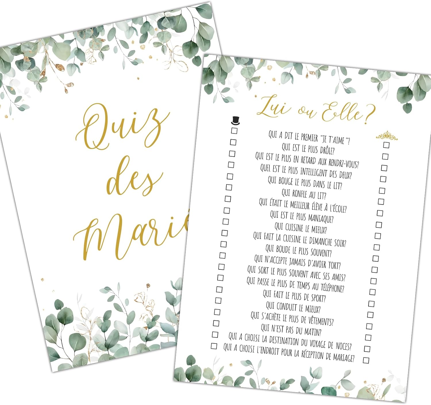 50Feuilles Cartes Jeu de Elle et Lui Quiz des Mariés Jeu de mariage pour les Invités Cartes de Questions Jeu d'Animation de Mariage Amusant Décoration Mariage Blanc+Vert- 50feuilles cartes jeu de lui ou elle