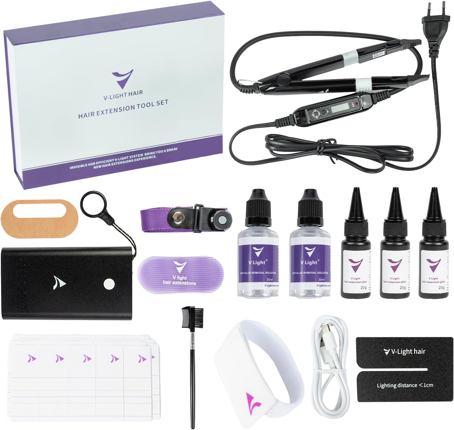 Kit d'extensions de cheveux UV Light V - light Glue * 3, 2 bouteilles de colle, 2 paquets de film de coiffure, 1 peigne de coiffure * 3