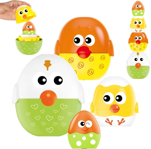Cadeau de Pâques pour Enfants – 4 Jeux Montessori à Empiler, Œufs en Plastique à Remplir, Kit de Décoration de Panier de Pâques, Cadeau de Pâques pour Filles et Garçons de 3+ Ans Green E