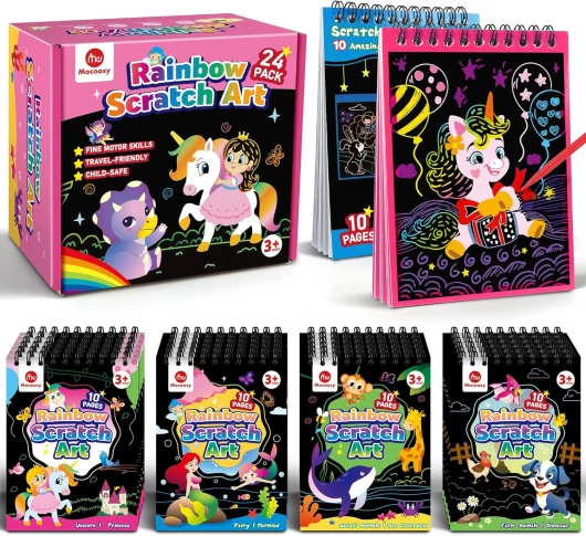 Mocoosy 24 Bloc-notes à gratter pour Enfants Cadeaux de fête- Cartes à Gratter magique avec 8 Modèles, Remplissage de sacs de fête Anniversaire, Prix pour Classe, Cadeaux pour garçons filles 3-8 ans