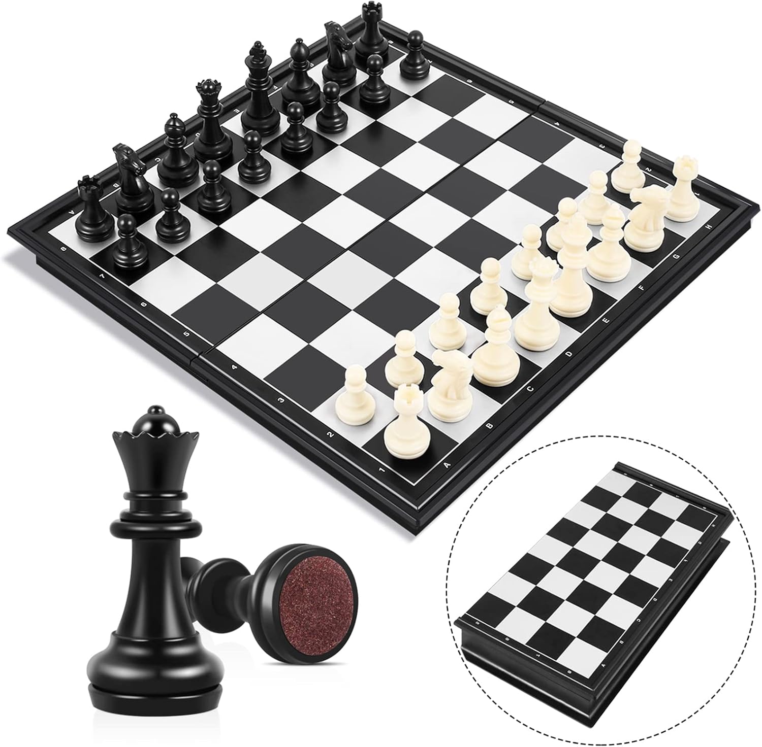 Jeu d'échecs, Echiquier Magnetique, Echec Deluxe Pliable Echecs, Mini échecs, Portable de Voyage Plateau et Les Morceaux pour Enfants et Adultes（2 Additionnel Dames） Noir et Blanc