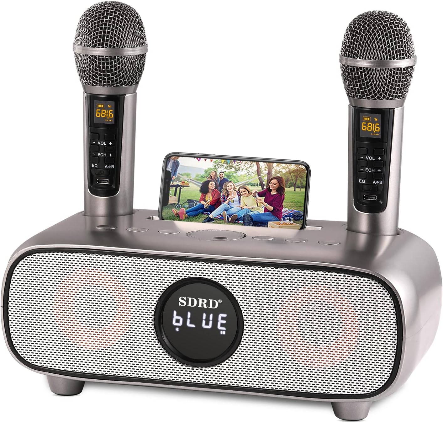 Microphone karaoké,kit Karaoke,Machine de karaoké Bluetooth portableavec 2 Microphones sans Fil pour Le Chant,système de sonorisation Portable pour la fête,Les activités,Support Bluetooth, AUX,USB/TF Gris