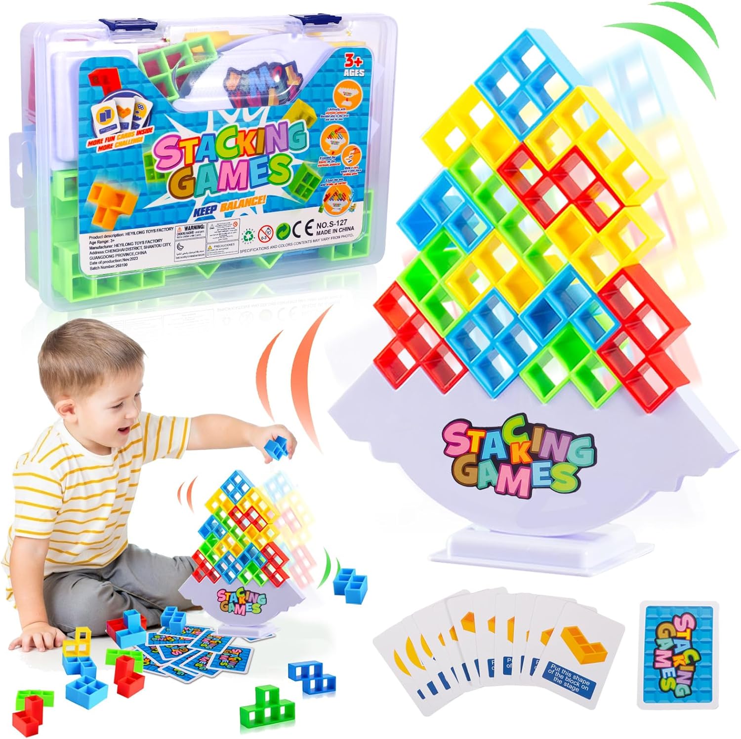 QUXV 64 Pices Tetris Tower, Jeu d'empilage en Tetris, Stack Attack,Blocs de Construction Swing Stack Attack Balance Jeu Montessori, Jouet d'équilibre pour Enfant Garçons et Filles