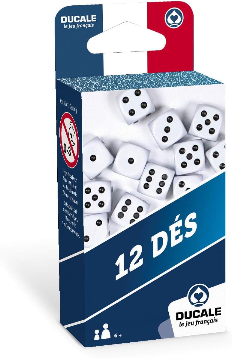 Lot de 12 dés 18mm - Jeu de dés - Jeu de Voyage - Yam's, 421, 5000, White