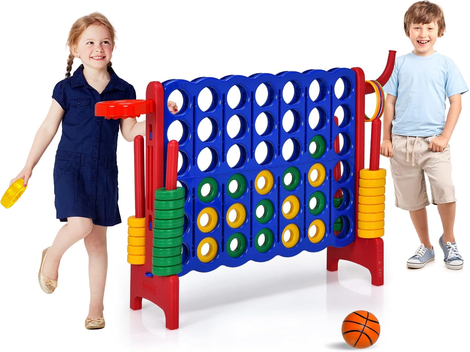 Puissance 4 Géant pour Enfants sur Pied 84 x 33 x 79 CM avec 42 Anneaux, Levier de Réinitialisation du Jeu, Jeu de Société pour Réunions de Famille,Maternelle,Camping (Rouge)