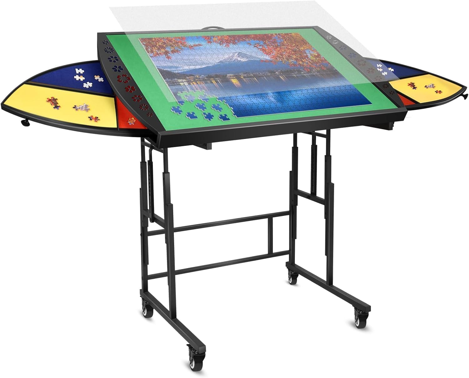 Xubialo Table de Puzzle avec Pieds 1500 Pièces,Jigsaw Table Métal avec 6 Tiroirs,Réglable Inclinable à 3 Angles/10 Hauteurs,Planche de Puzzle et Couvercle Cadeau Anniversaire Idéal pour Adulte Noir