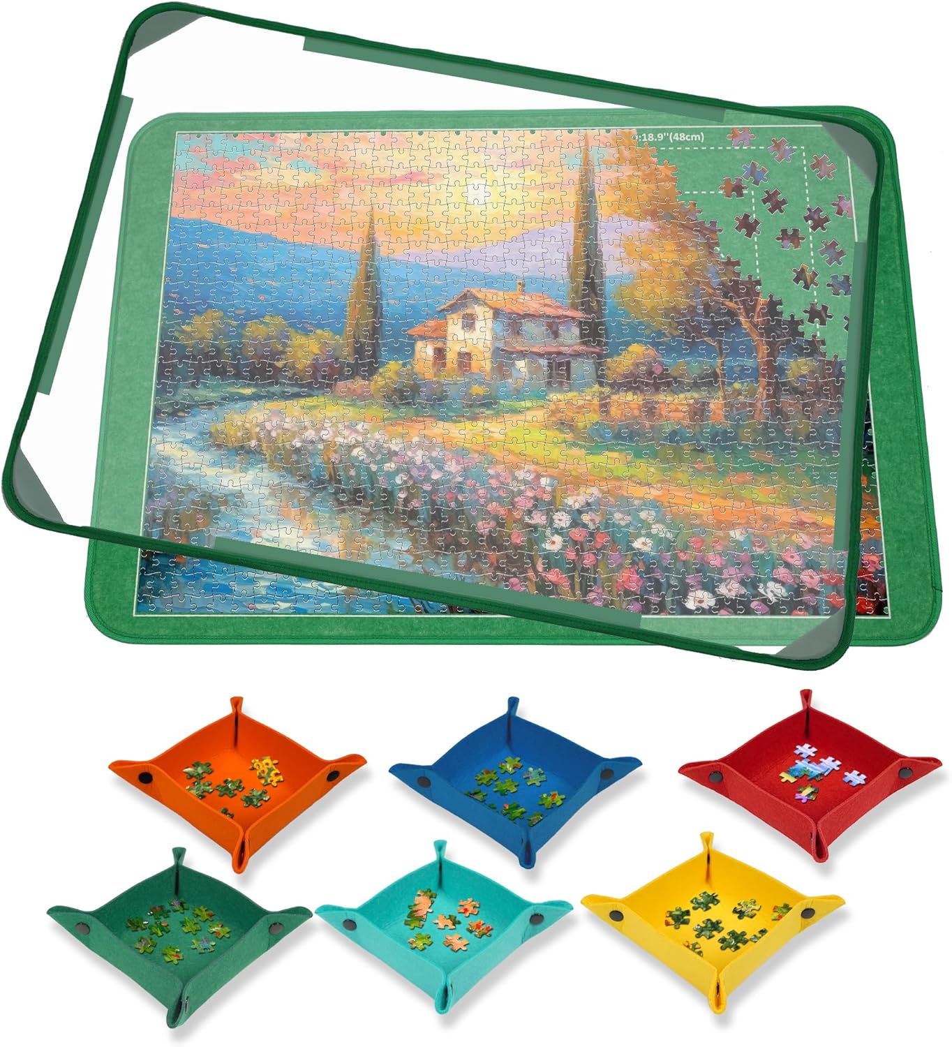 Tapis de Puzzle 1000 Pièces, Tapis de Rangement pour Puzzle 32 x 22inches, Plateau de Puzzle Accessoires de Puzzle pour Déplacement et Un Stockage Faciles (6 Plateau, 1 Couvercle Transparent) - Vert