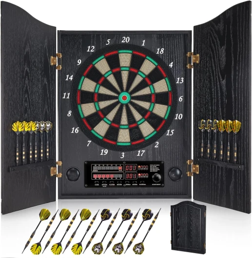 Yirinatek Jeu de Flechette Electronique, Coffret Décoratif pour Cible Flechette Electronique [12*Bronze Fléchettes] [Mode de Jeu Cricket] Noir