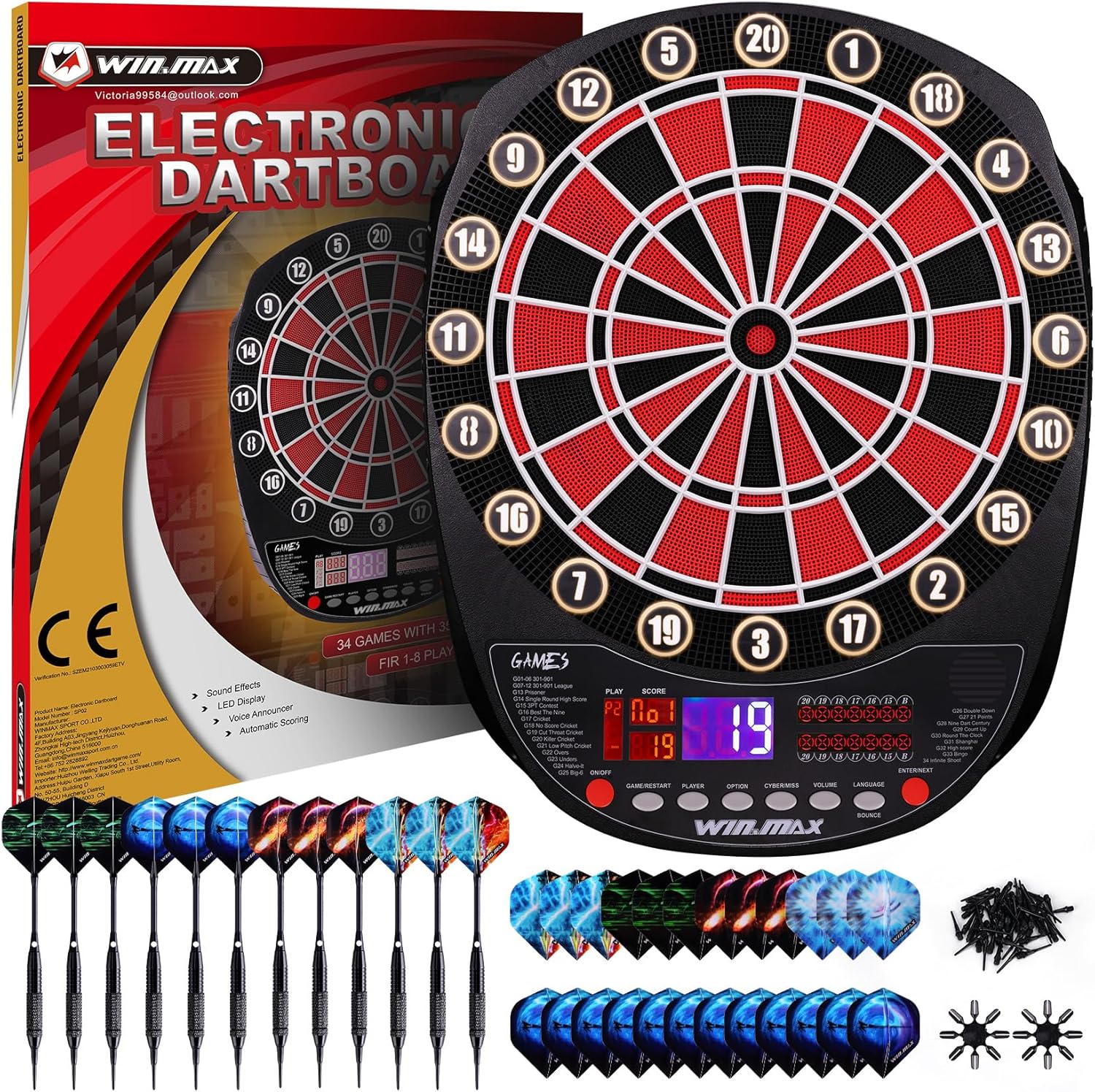 Cible de fléchettes électronique Professionnelle 34 Jeux avec 354 Variantes 3 Langues : Allemand, Anglais, français pour 1 à 8 Joueurs avec 12 fléchettes Rouge et Noir avec Lumière