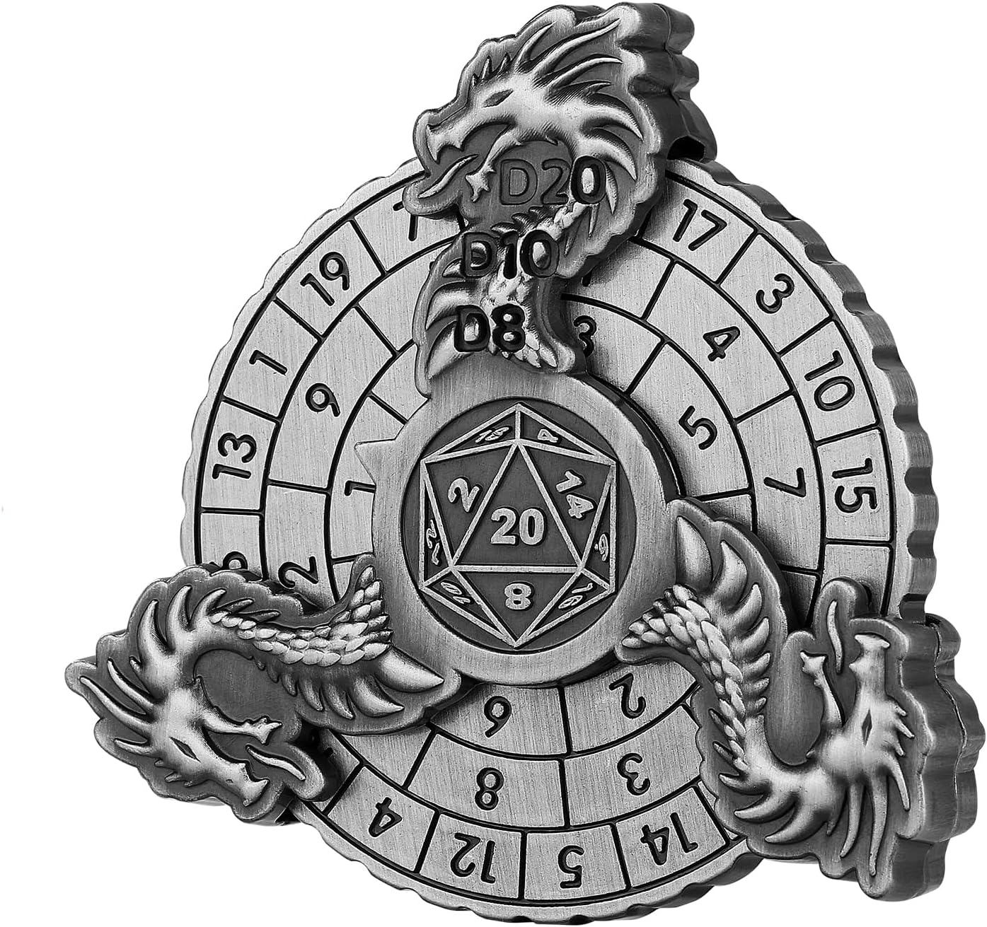 Spinner de Dés D&D Dragon 7-en-1 Métallique, Tête de Dragon Roulette, Accessoires de Jeu de Rôle et Société, Cadeaux Avec Boîte, Argent Foncé