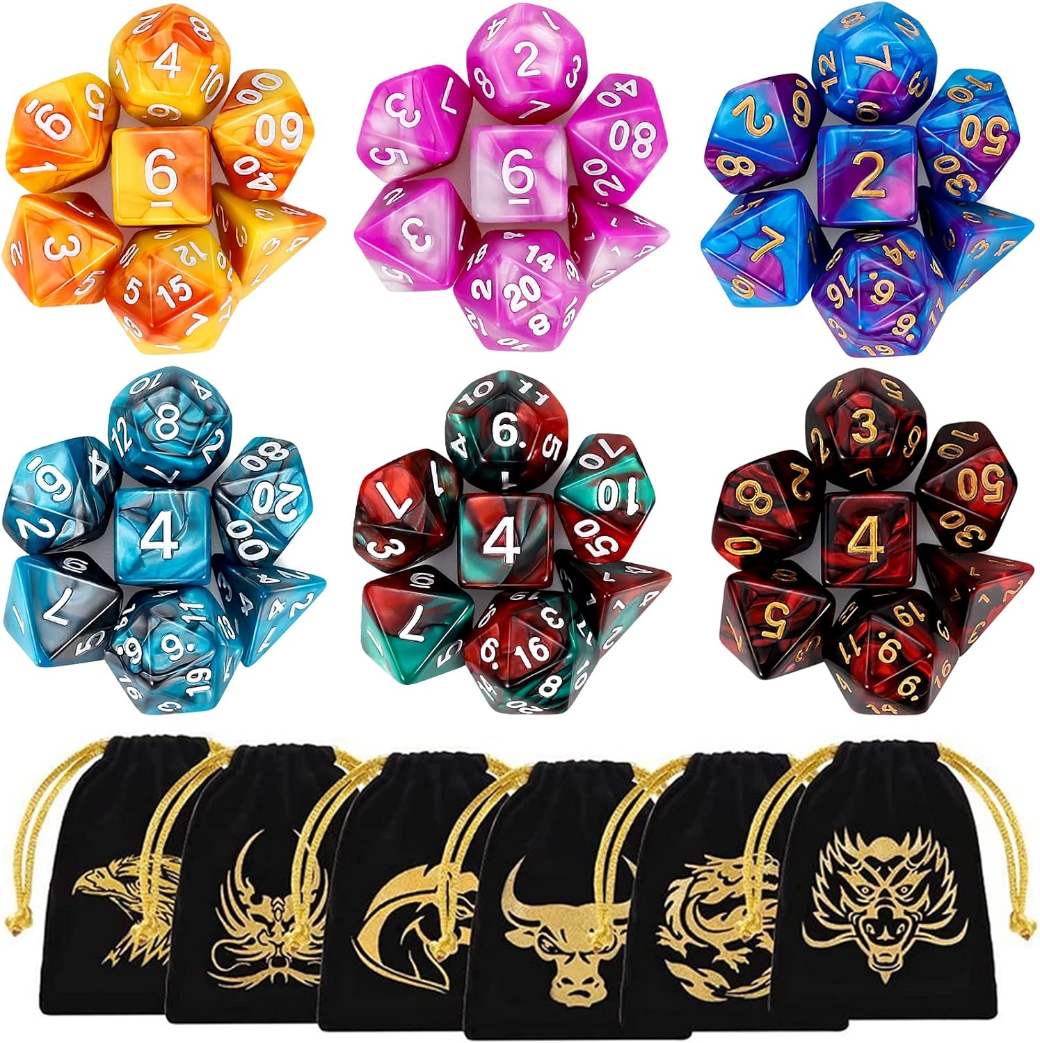 DND Jeu de Dés, 42 Dés Polyédriques, Jeux de Rôle Jeu de Rôle sur Table Donjons et Dragons D&D Dice DND RPG MTG Two Colour Dice (Set de 6) Couleur A-6