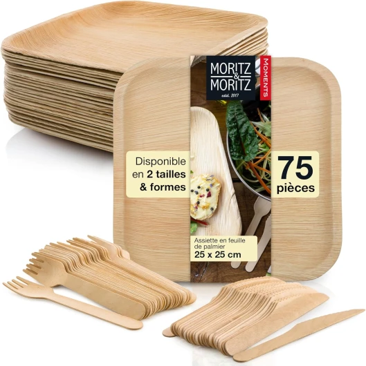 Moritz & Moritz 75 Pièces assiette jetable feuille de palmier - 25 Vaisselle - 25 Couverts Bois - Alternative à assiette bambou et plastique Carré 25cm