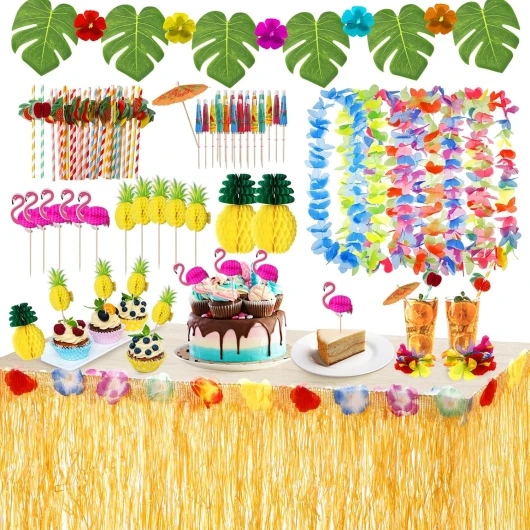 URBZUE Hawaïenne Luau Table Jupe Set de Décoration, Jupe de Table Hawaïenne 9.6FT avec 12 Guirlande et 2 Ananas 3D, Feuilles de Palmier Fleurs Hawaïennes Décorations pour Hawaïen Luau Fête Tiki Beach