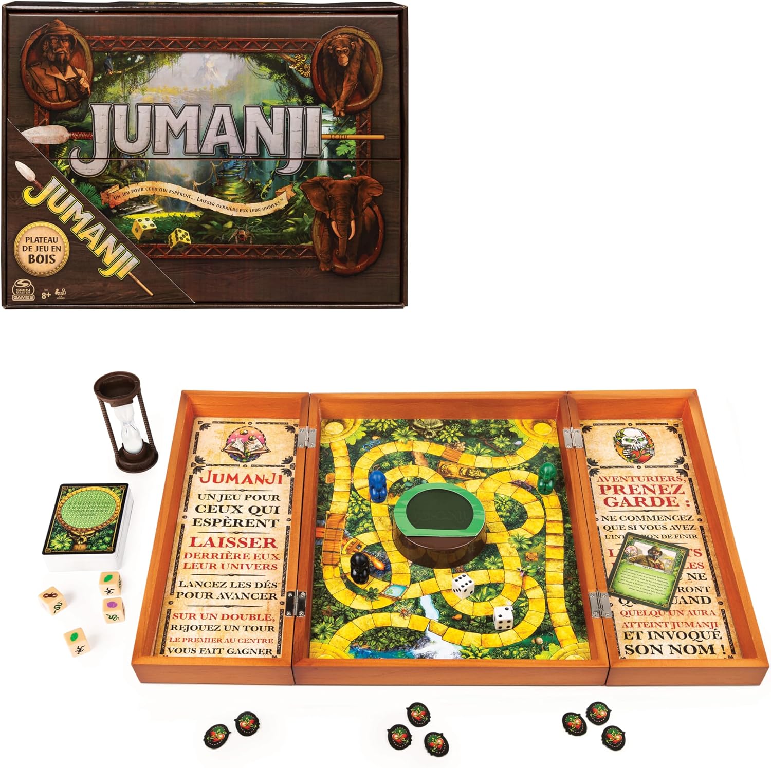 Jeu Jumanji avec Plateau Bois Retro - Jeu de Société Famille avec Nombreux Défis - Ambiance du Film Jumanji - Version Française - Jouet Enfant 8 Ans Et +
