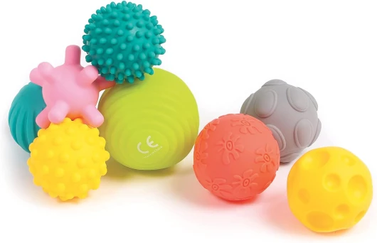 Assortiment de 8 balles d’éveil Balles d’éveil Assorties - Formes et Couleurs différentes - en Plastique Souple - À partir de 6 Mois