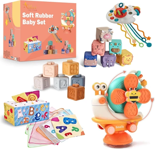 Jeux Bébé 6 Mois ÉVeil, Jouet Bébé 6 Mois - Blocs à Empiler, Animaux à Encastrer, BoîTe à Mouchoirs Alphabet, Fusée Sensorielle et Balle Popper - Jeux Montessori 6 à 12 Mois