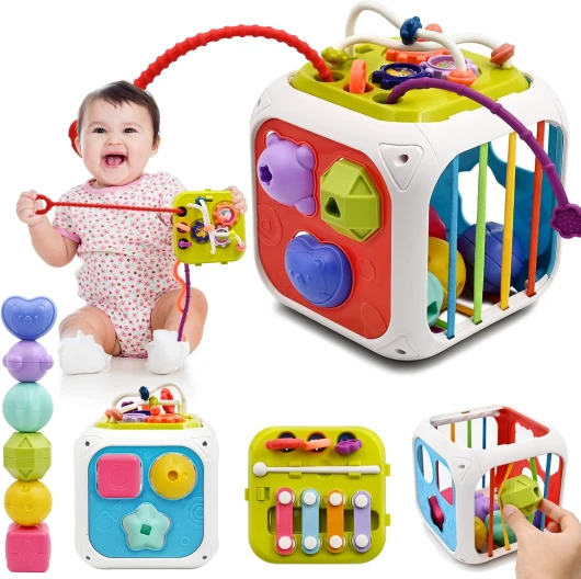 Jouet Bebe 1 2 An, 7 in 1 Montessori Sensoriel Jouets pour Bebe 6 9 12 18 Mois Naissance Fille Garcon, Cadeau Educatif Motricité Cube d'activité Jeux pour Enfants 1 2 Ans Anniversaire Noël Cadeau 7 en 1 Cube d'activité