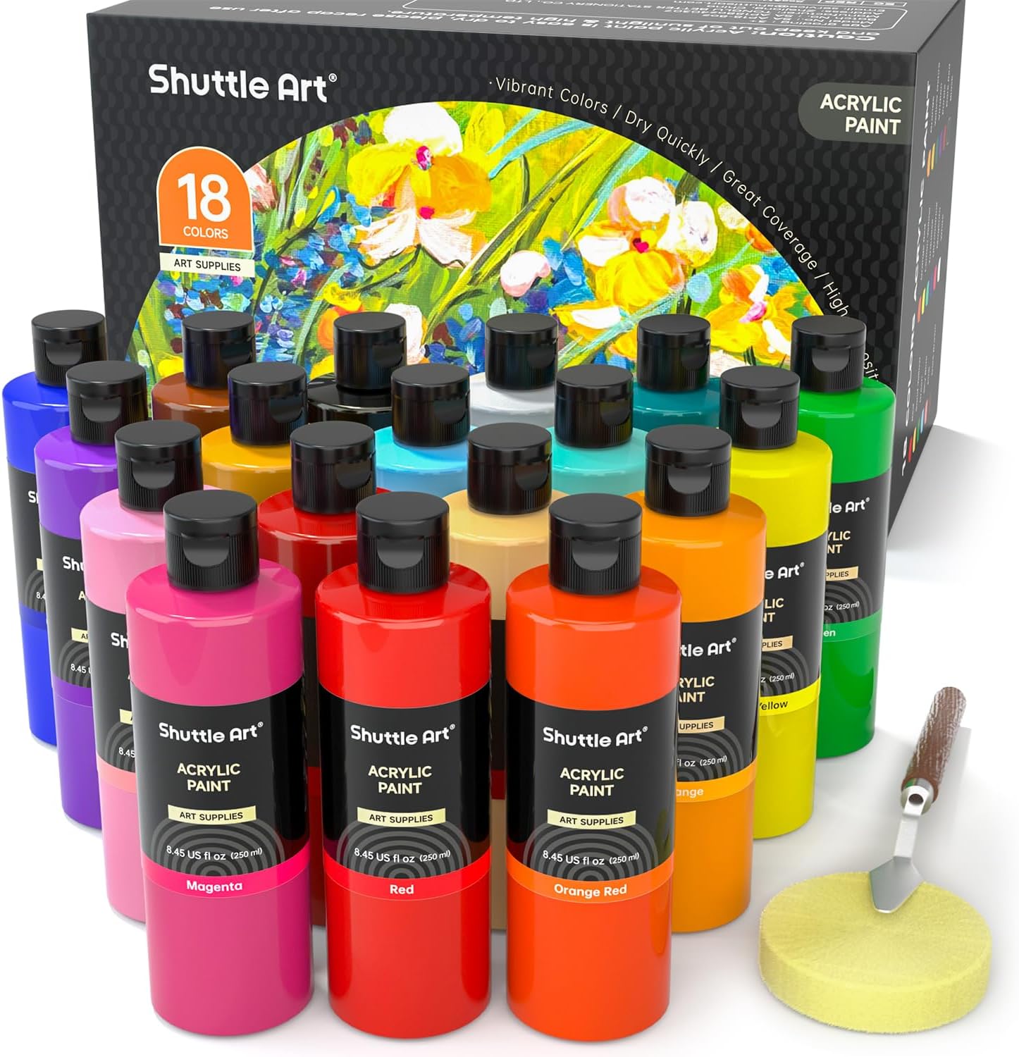 Peinture Acrylique, Set de 18 Couleurs Flacons (250ml/8,45oz), Richement Pigmentée, Lot de Peinture Acrylique pour Artistes, Débutants sur Toiles, Bois et Céramique 240 ml (Lot de 18)