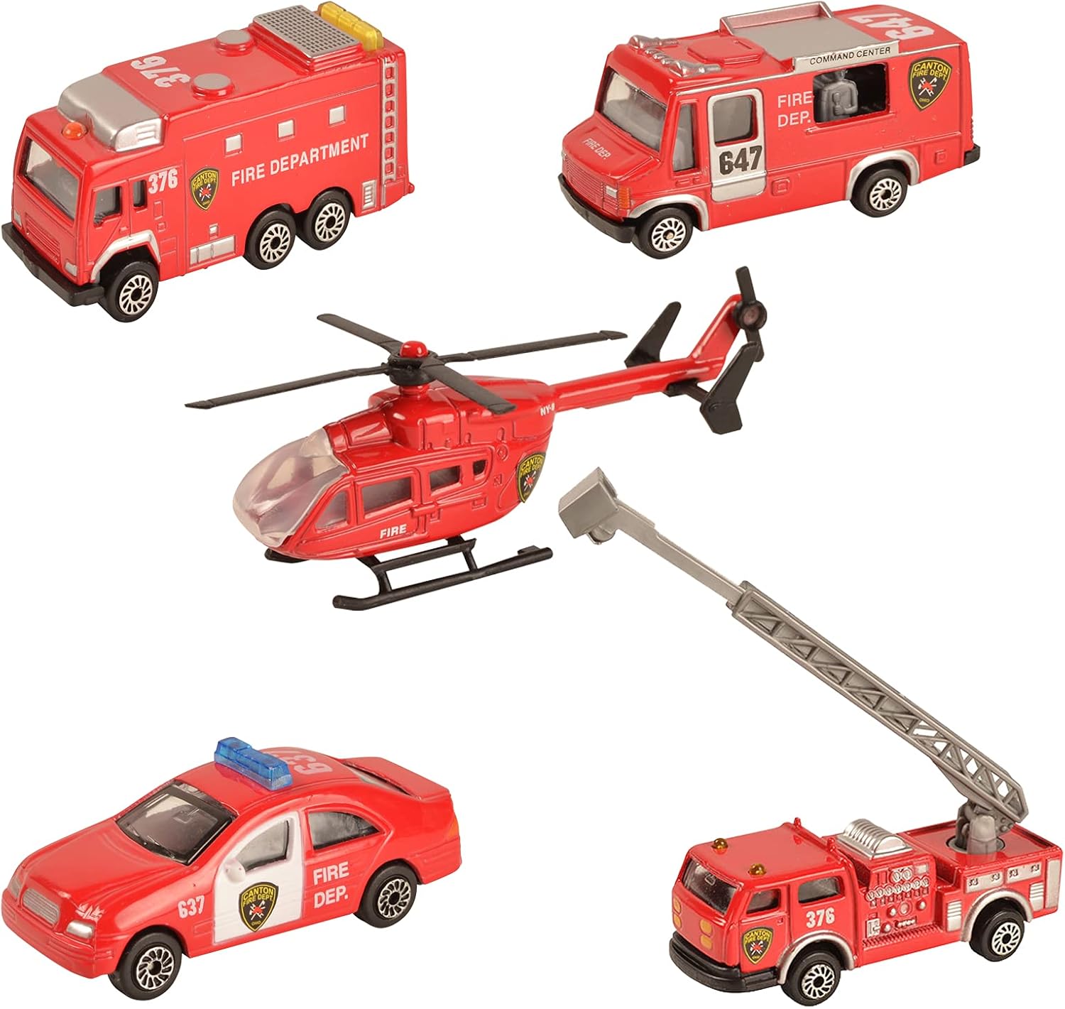 5 pièces - Mini Véhicules de Sauvetage du Service d'incendie métal Miniature - Camions de Pompiers à échelle aérienne, Hélicoptère de Sauvetage, Pompier à réservoir d'eau, Voiture de Patrouille Les pompiers
