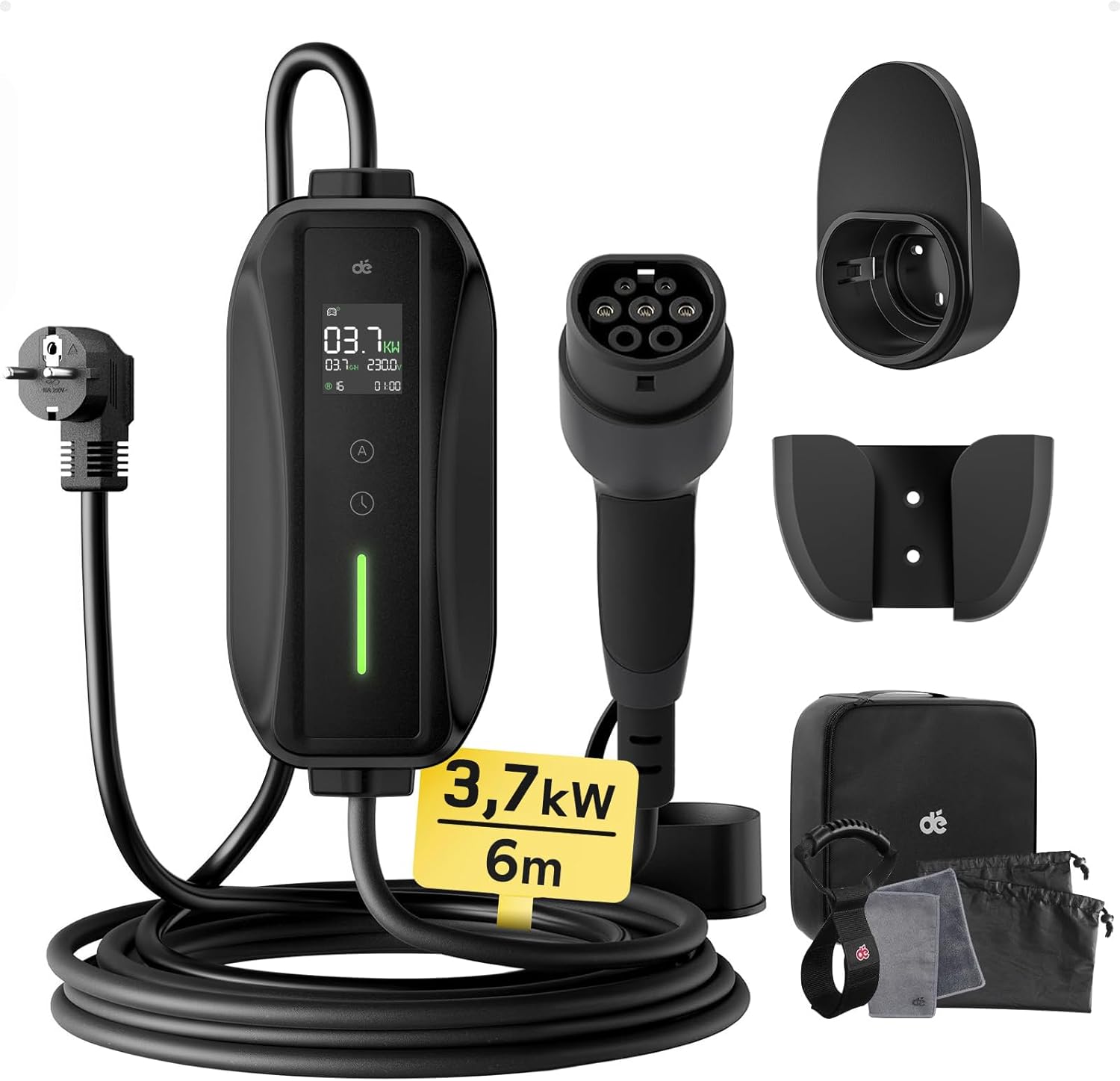 Chargeur Voiture Electrique 3,68kW [6m, 6/8/10/13/16A] dé Cable Type 2 Recharge avec Affichage Numérique Contrôlable Compatible avec e-208, Spring, 500e, Model 3, Megane EV, Zoe et Autres EV et PHEV