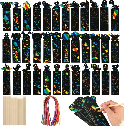 RVLZKCPG 48 Pcs Carte a Gratter, Carte à Gratter D'Animaux, Carte a Gratter Enfant Personnalisé, Marque Page Enfant vec Crayons en Bois et Rubans pour Les Bricolages, Les Jeux D'Enfants