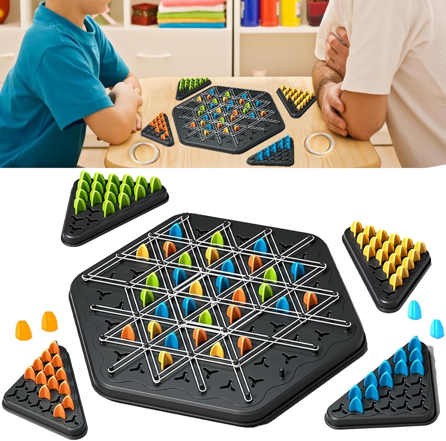 Elfinfi Triggle Jeu, Intéressant Triggle, Jeu élastique, Convient pour 2 à 4 Joueurs, Echec en Chaine Triangulaire Super de Société pour Enfants et Adultes