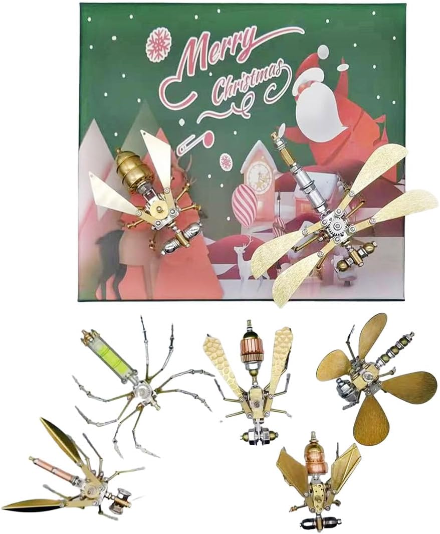 PizazzToy Puzzle 3D en métal - Calendrier de l'Avent 2024 - Steampunk - Puzzle d'insecte - Kit de modélisation pour adultes avec outils - Cadeaux de Noël pour adultes et adolescents (jeu de 7)