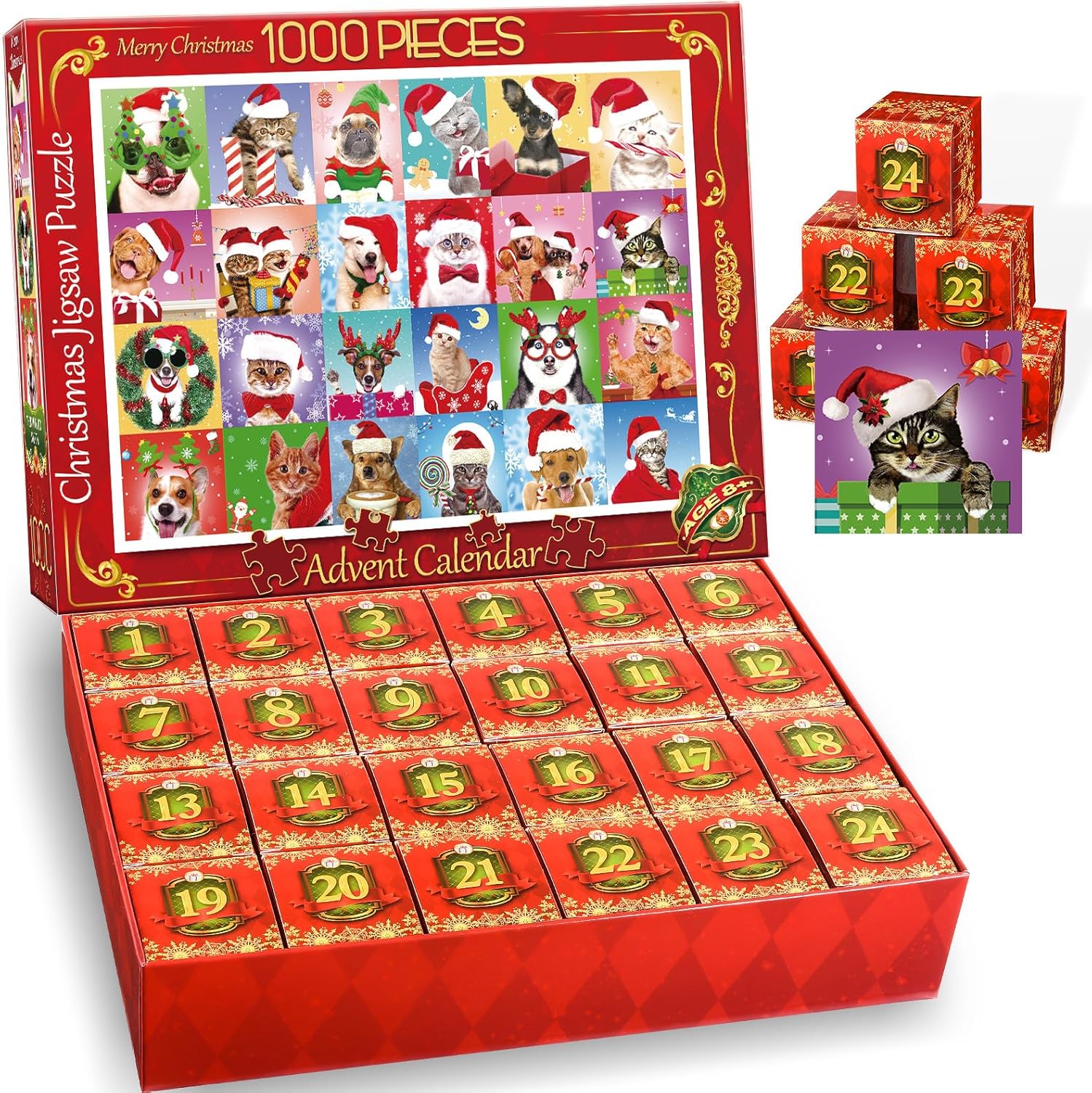 Geebiiny Calendrier De L'avent 2024 Adultes Puzzle 1000 Pieces Adultes Expressions Pour Chiens Et Chats Idee Cadeau Noel Femme Homme Cadeau Anniversaire Femme Homme