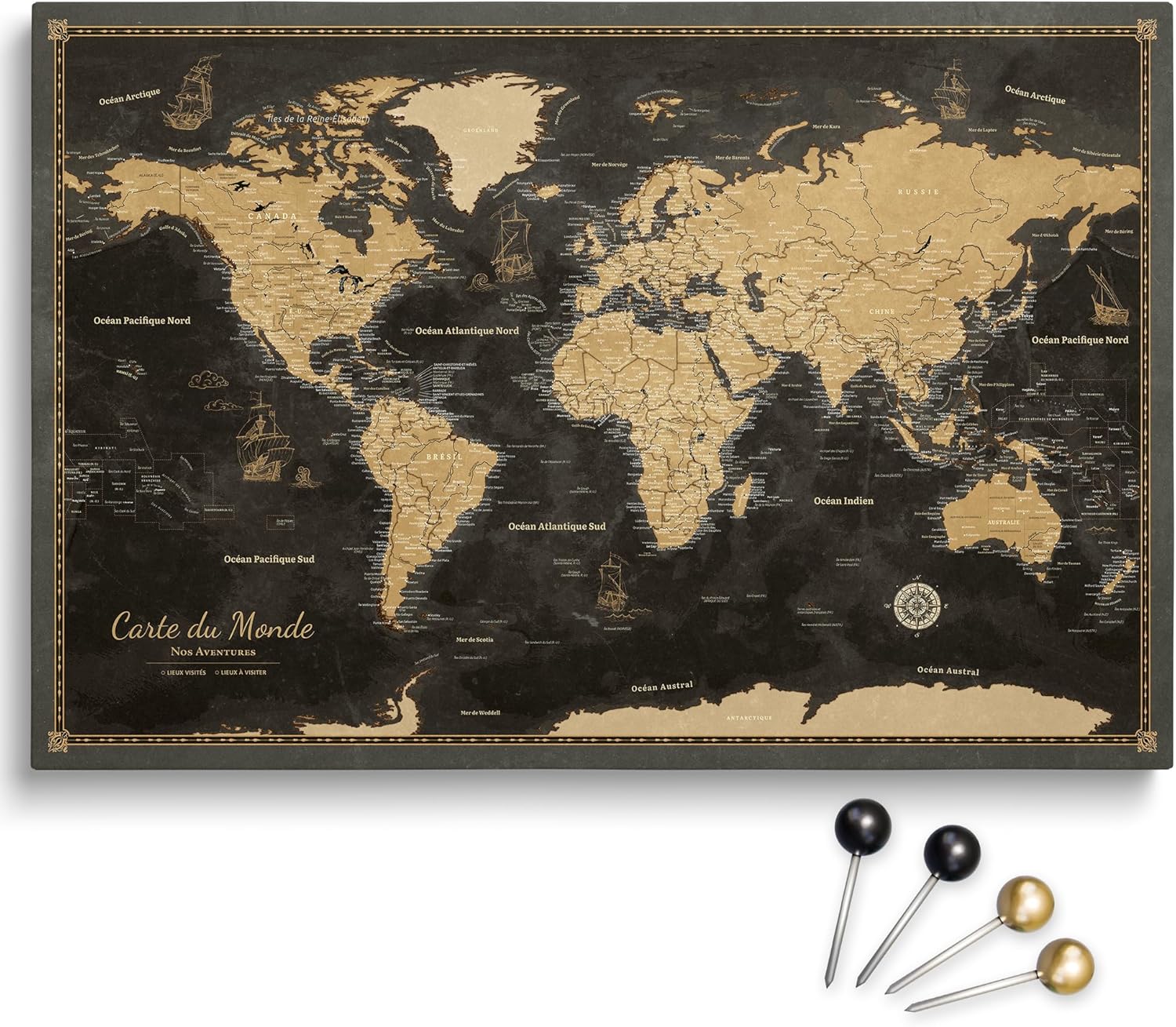 Toile personnalisable motif carte du monde en liège à épingler, parfaite pour les voyageurs et la décoration murale – tableau décoratif sur toile, 100 punaises inclus (Design 1 FR, 120x80cm) 120x80cm Design 1 FR