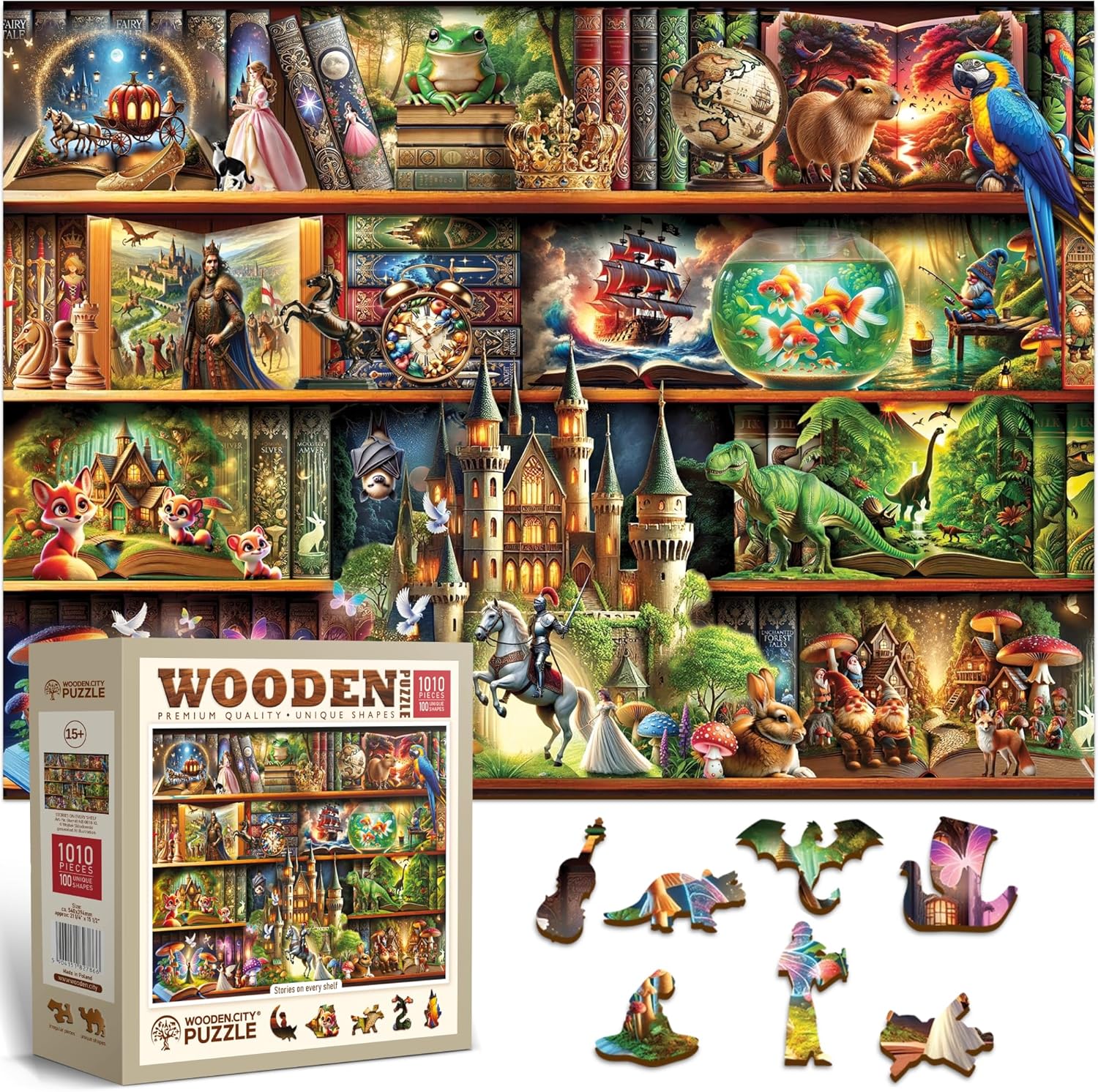WOODEN.CITY Puzzles en bois pour adultes de 1000 pièces – Histoires sur chaque étagère – Scène d'étagères - Fabriqué en UE - Cadeau pour les amateurs de livres - Taille 54 x 39,4 cm