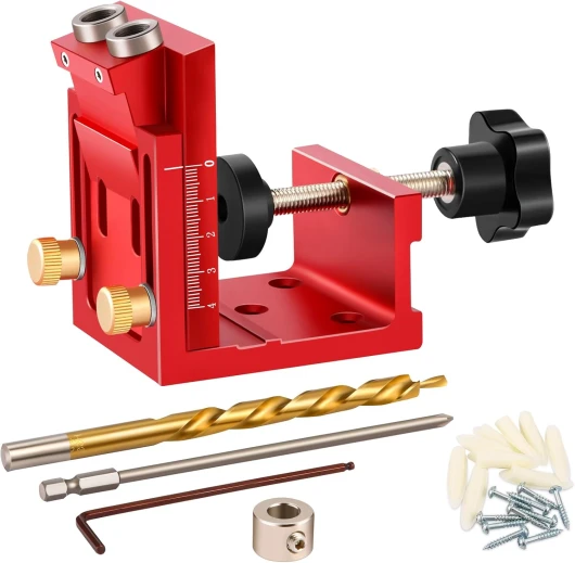 Kit de Gabarit de Trou de Poche，Gabarit de percage oblique pour bois，Ajustable Guide de Menuiserie de Percage，Positionneur de Trou Oblique pour Travail du Bois Rouge Gabarit de Percage Oblique