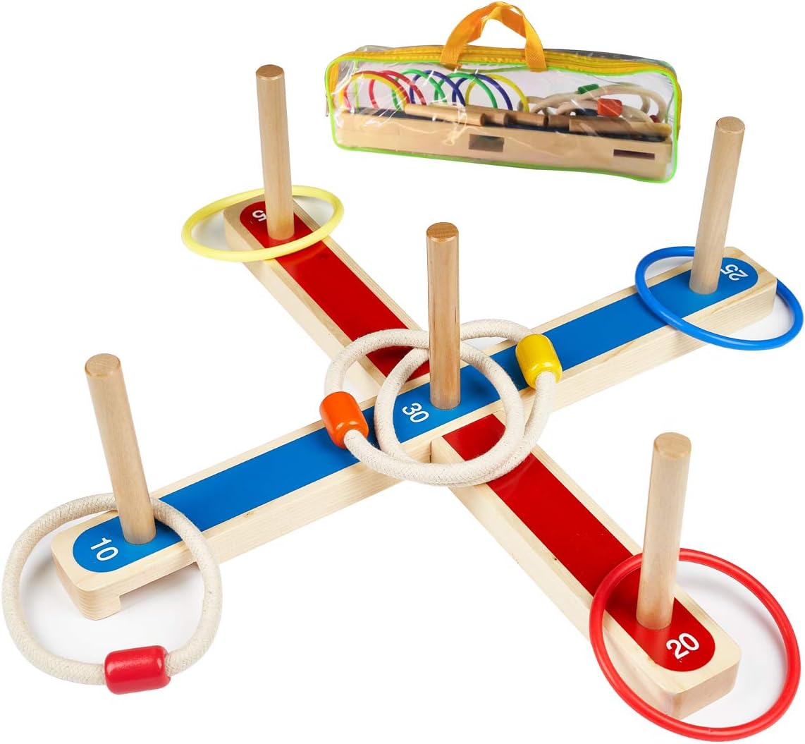Ulifeme Jeux Exterieur pour Enfant et Adulte, 5 Pièces Lancer des Anneaux en Bois + 8 Pièces Anneaux de en Plastique, Deux Formes Jouant Ensemble Quoits de Jardin, Sac Emballé